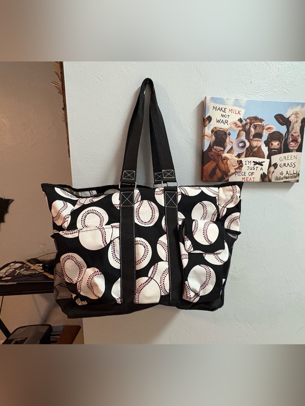 Black Baseball Print Tote Bag with Long Handles